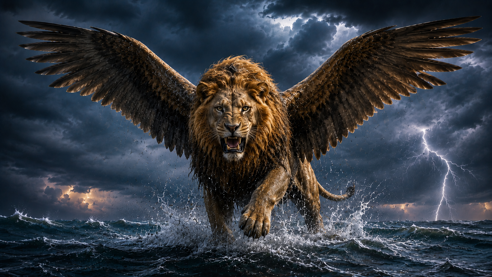 Daniel 7 first beast, a lion with eagle's wings rising from the sea