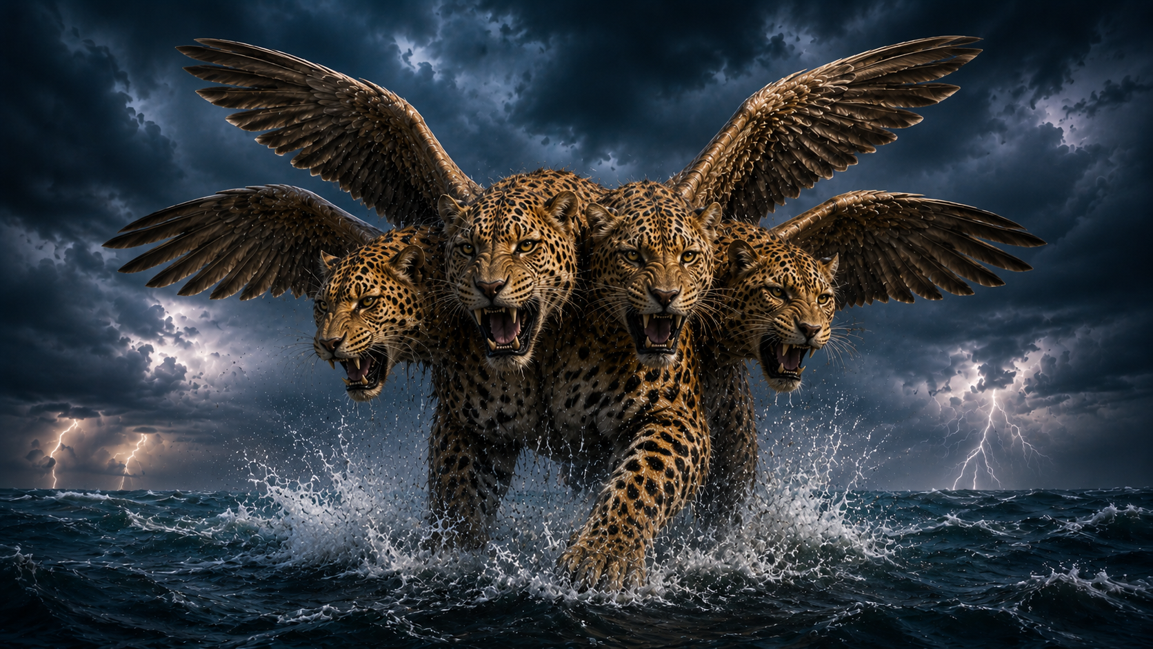 Daniel 7 third beast, a leopard with four heads and four wings rising from the sea