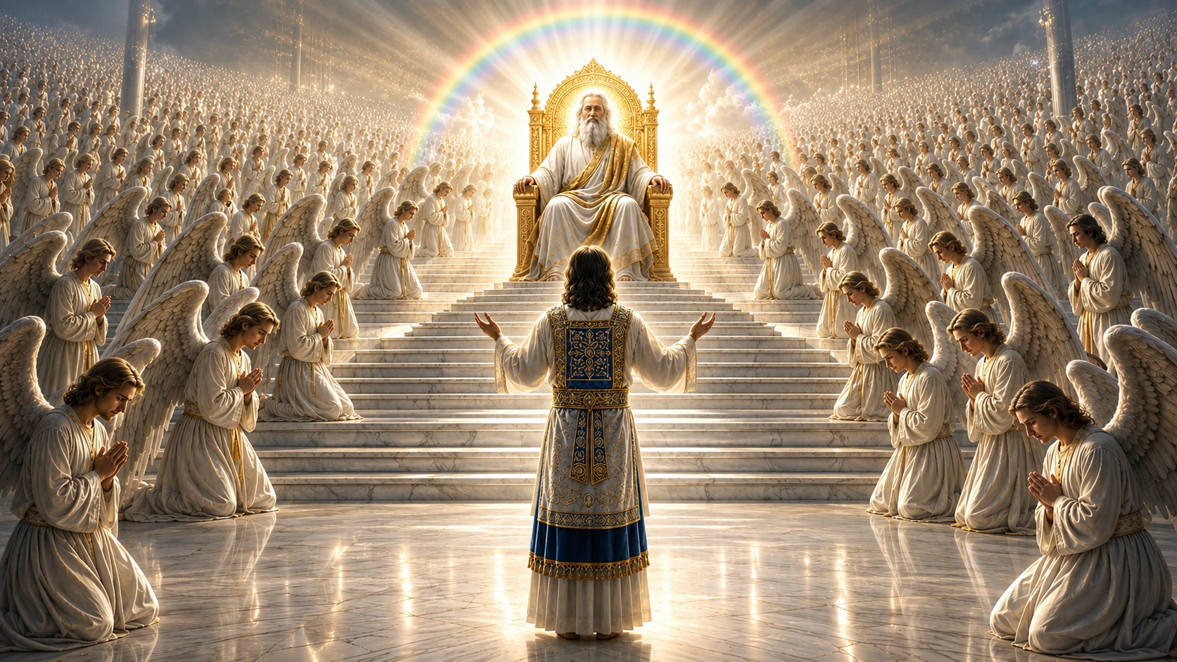 Jesus Christ standing as High Priest before God the Father in the heavenly court while a vast host of angels worship around the throne