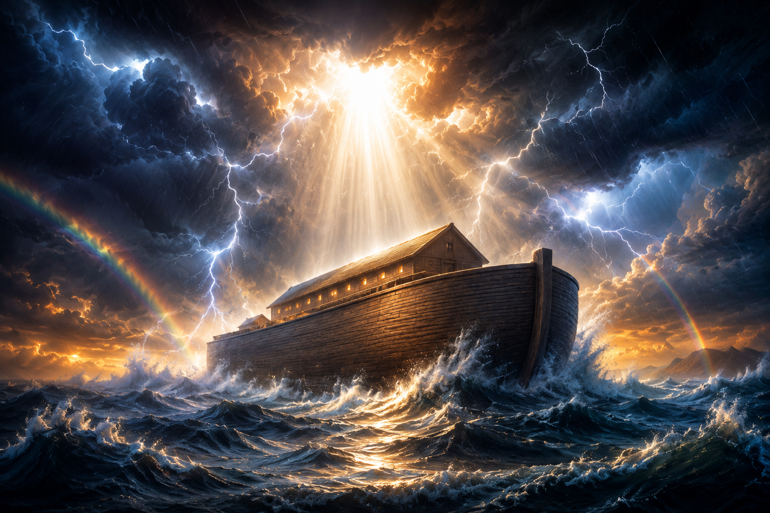 A dramatic flood scene with Noah's ark in stormy waters under divine light