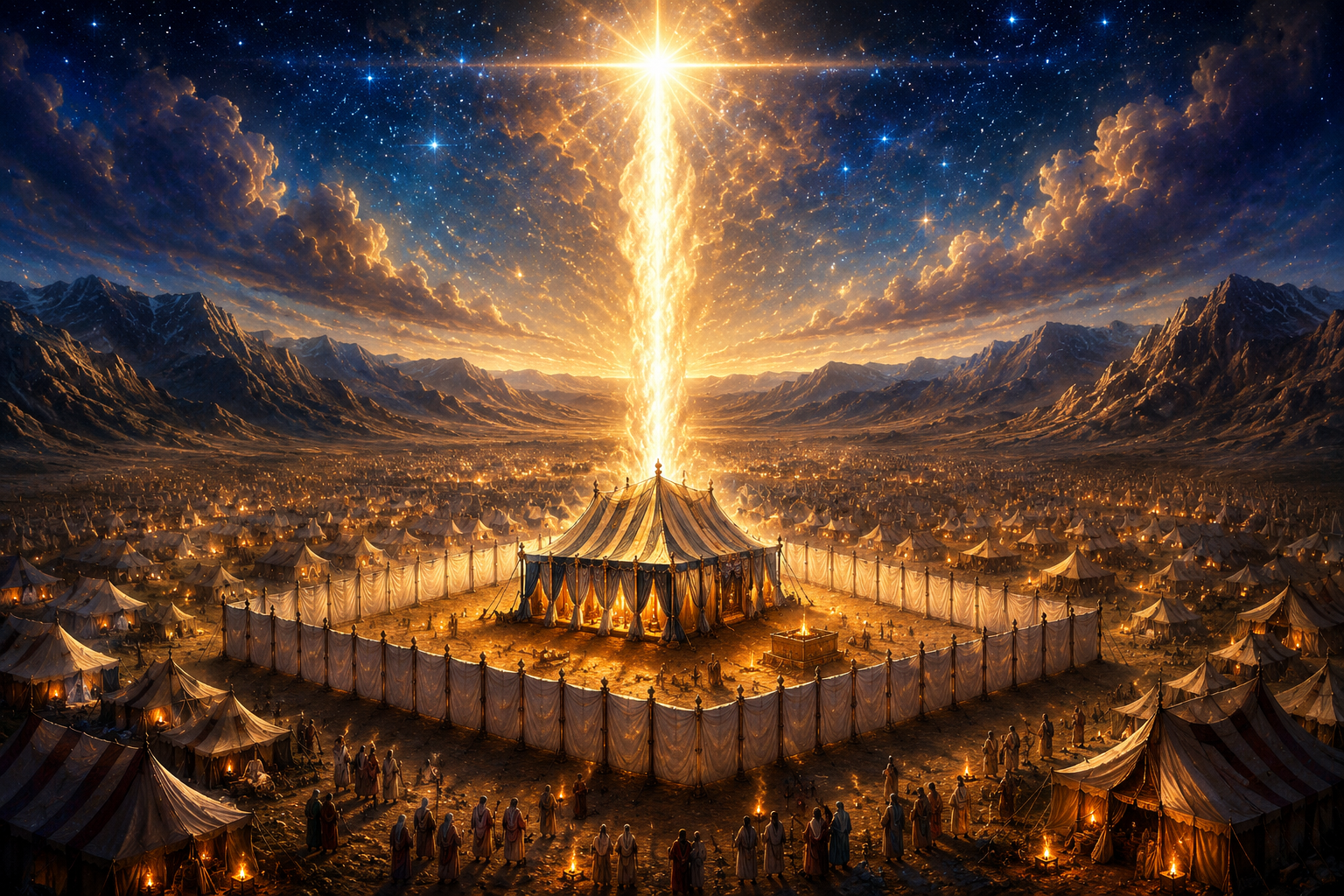 A sanctuary scene in the wilderness representing sacrifice, mediation, and God's dwelling with His people