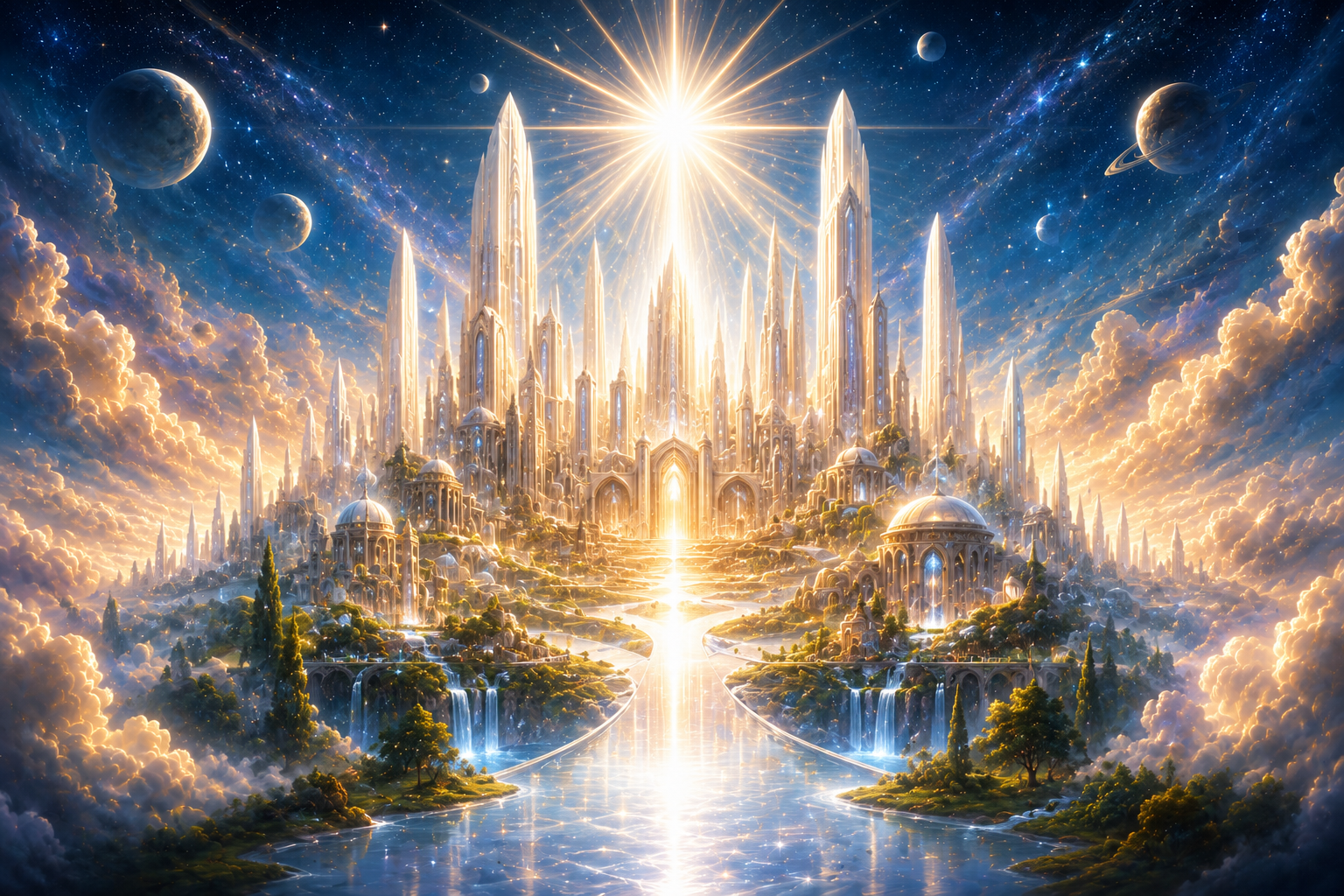 A radiant new earth city scene representing the restoration of all things in God's eternal kingdom